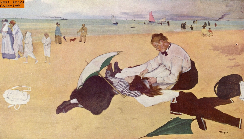 Kleines Mädchen wird am Meeresstrand von seiner Bonne gekämmt na Gemäldeimitation